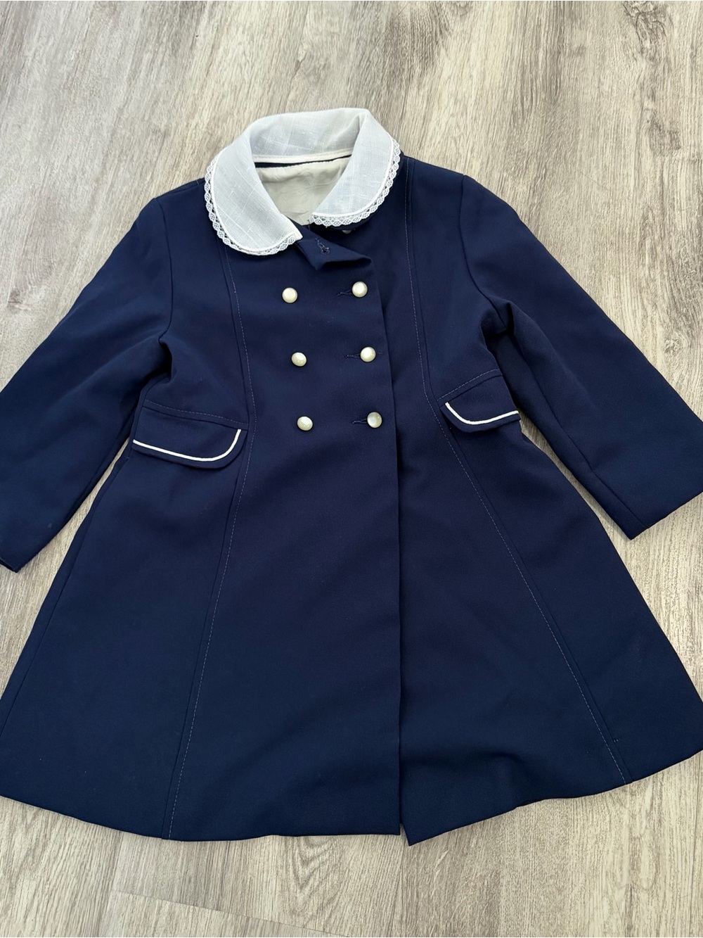 VTG Girls Over Coat Lace Trim Collar Pearl Button Sailor Nautical Navy Size 4